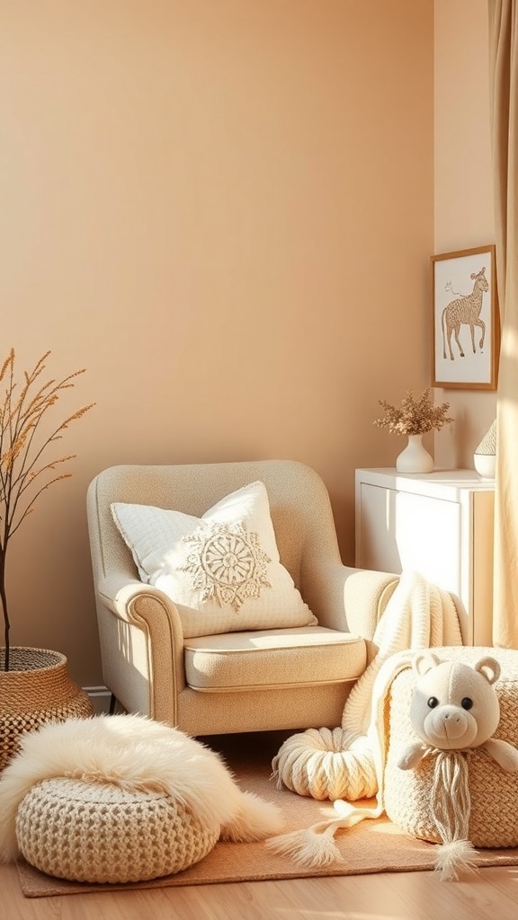A cozy nursery corner featuring a soft armchair, decorative pillows, and warm-toned decor.