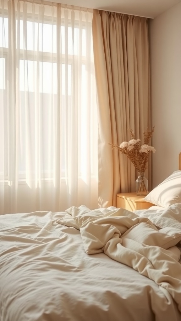 A cozy bedroom with soft beige and cream colors, featuring light curtains, a neatly made bed, and a vase of dried flowers.