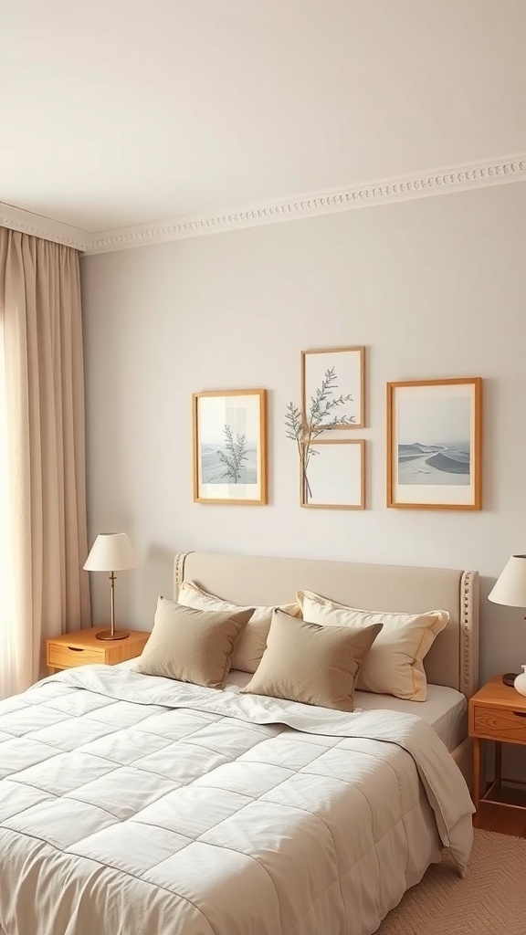 A cozy bedroom featuring soft beige artwork above the bed, with beige throw pillows and a light-colored quilt.