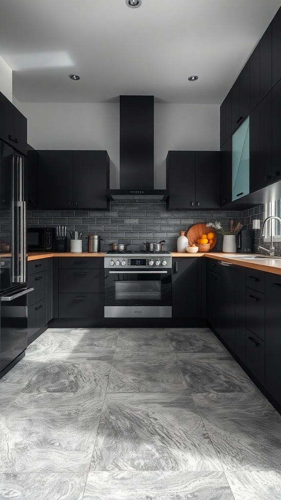 A modern kitchen featuring soft black matte finish cabinets and gray flooring.