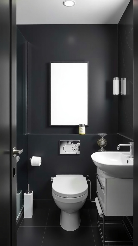 A modern bathroom featuring soft black walls, sleek fixtures, and a minimalist design.