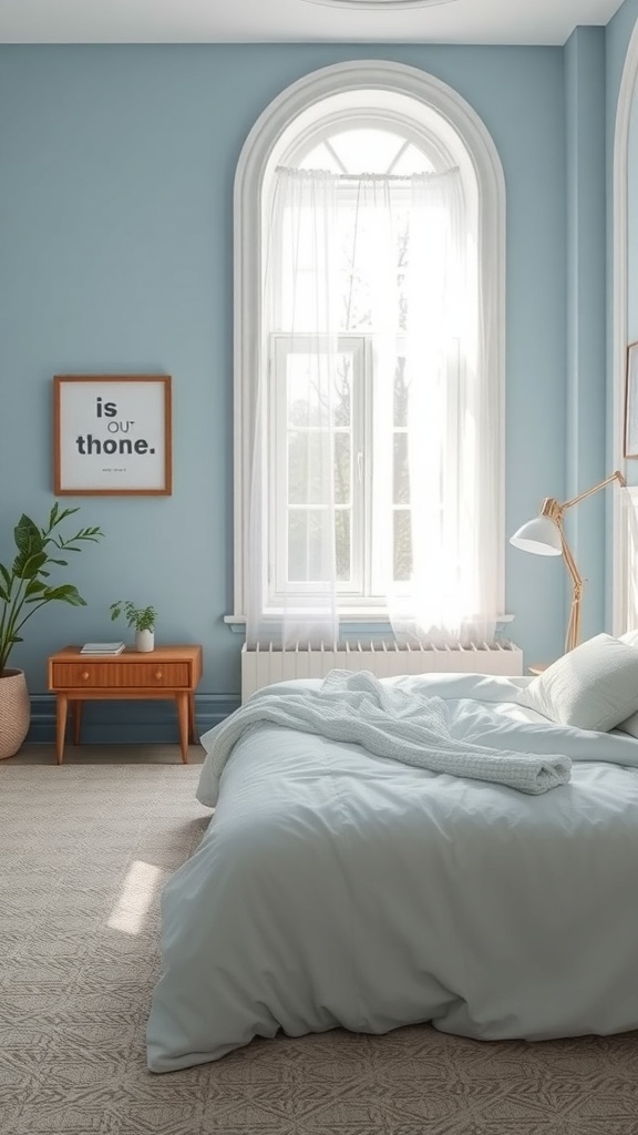 A cozy bedroom with soft blue walls, large windows, and light bedding, creating a calm atmosphere.