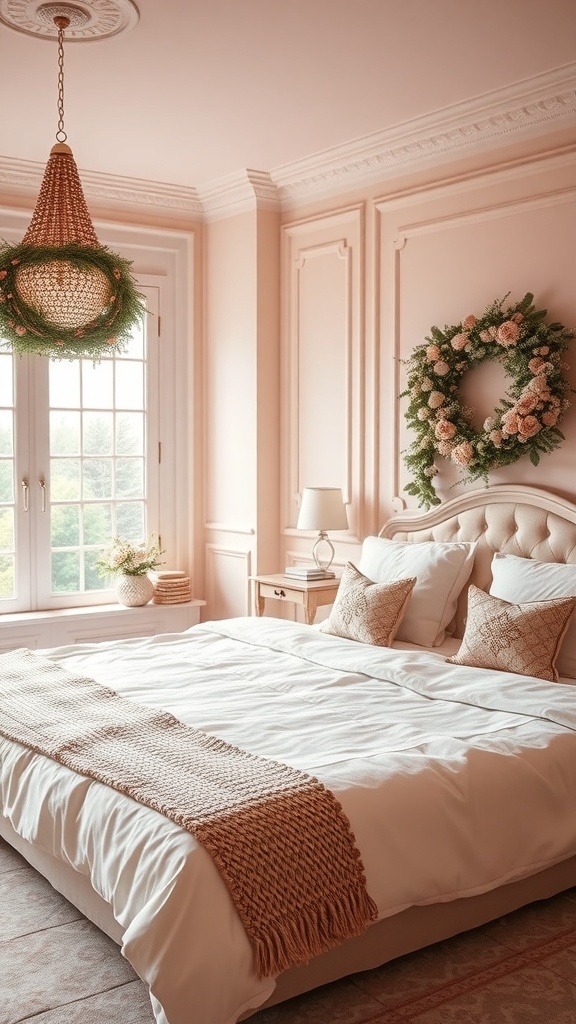 A cozy bedroom with soft blush walls, a chandelier, and festive wreaths, featuring a neatly made bed with textured throws.