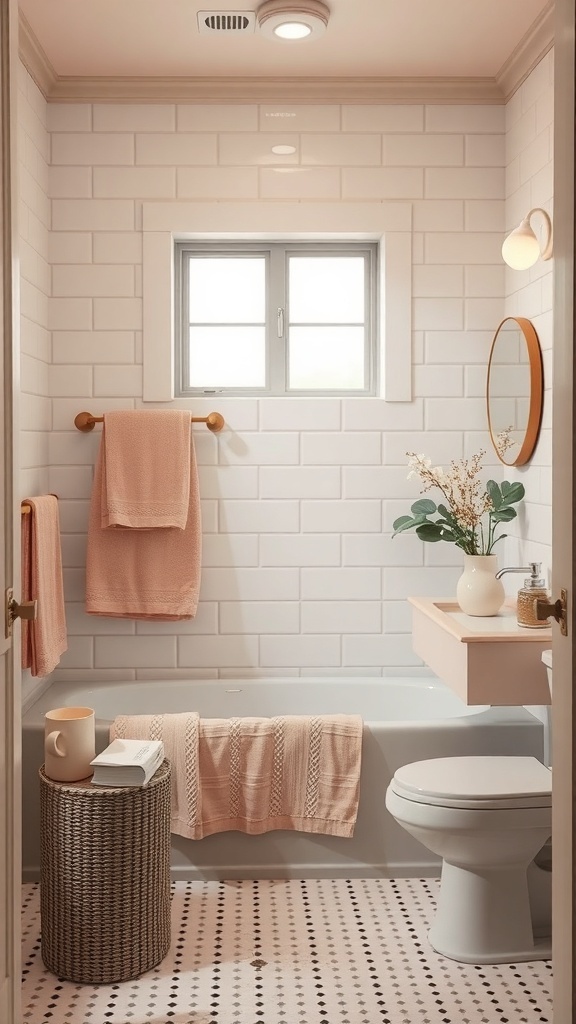 A cozy bathroom featuring soft blush tones, blush towels, and light-colored tiles.