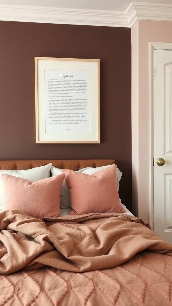 A cozy bedroom featuring chocolate brown walls and soft blush bedding.