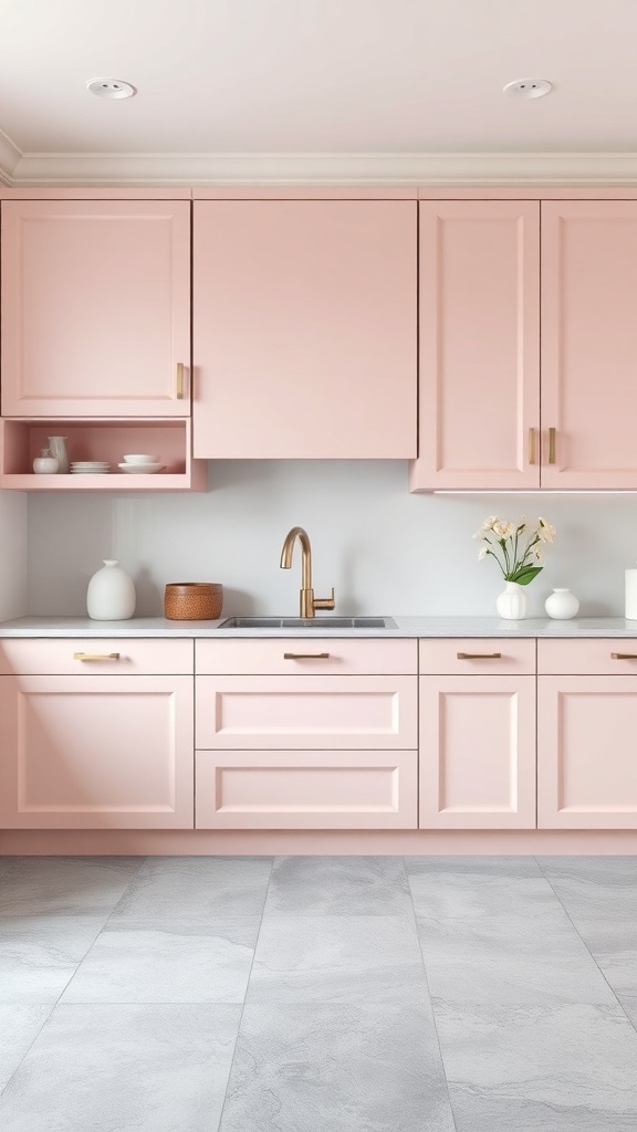 A modern kitchen featuring soft blush cabinets, gray flooring, and brass hardware.