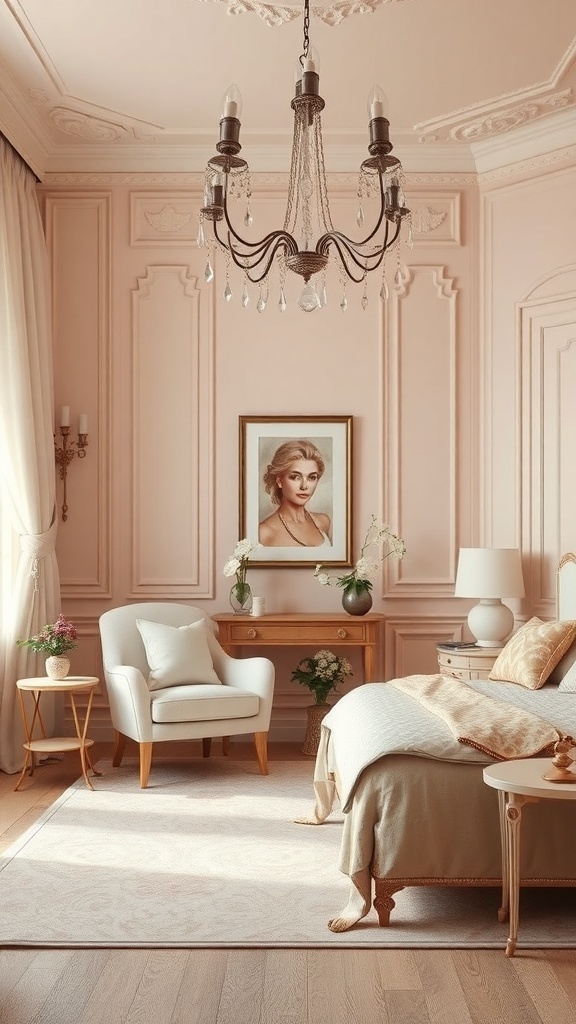 A chic bedroom with soft blush walls, elegant chandelier, and tasteful furniture.