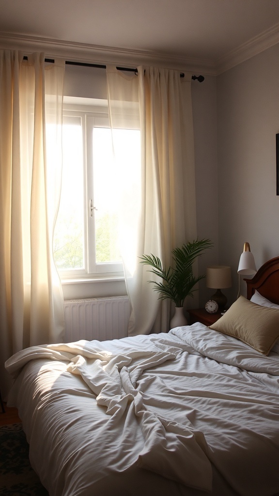 A cozy bedroom with soft drapery, a neatly made bed, and a touch of greenery.