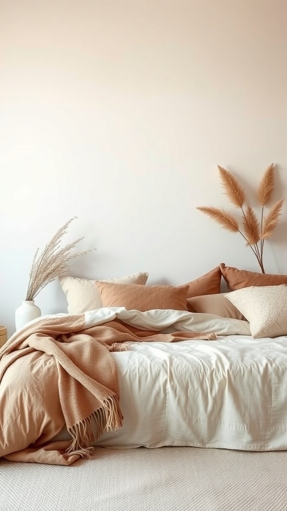 A cozy bedroom featuring soft earthy neutrals, with a bed adorned in warm tones and natural decor.