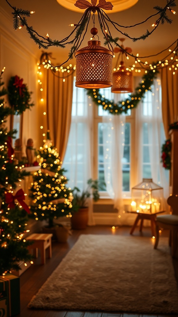 A cozy room decorated for Christmas with soft glow lighting, including fairy lights and warm lanterns.