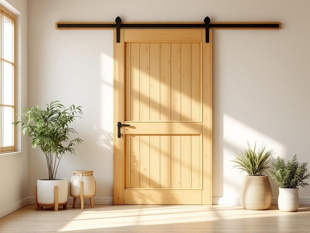 A Soft Golden Pine barn door in a bright room with plants