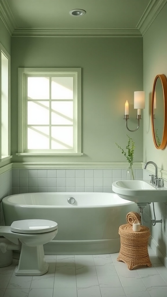 A serene bathroom painted in soft green tones, featuring a bathtub, sink, and natural light.