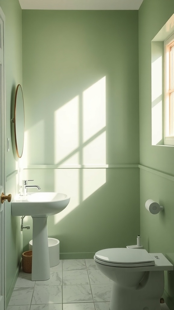 A bathroom with soft green walls, a white sink, and natural light streaming through the window.