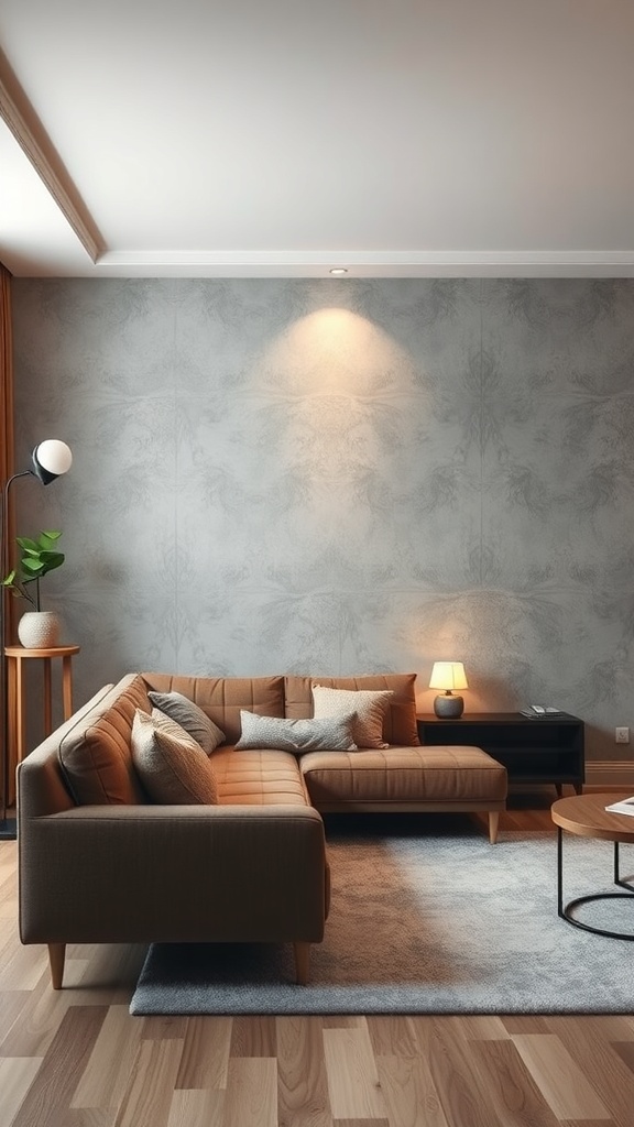 A cozy living room with soft grey textured walls and a brown sectional sofa.