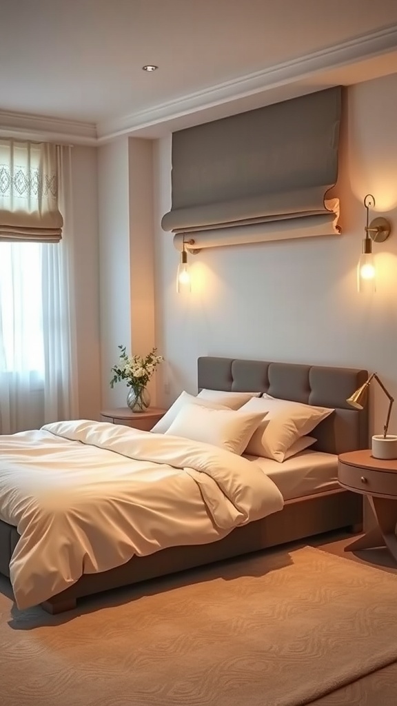 A cozy Japandi-style bedroom featuring soft indirect lighting and paper shades.