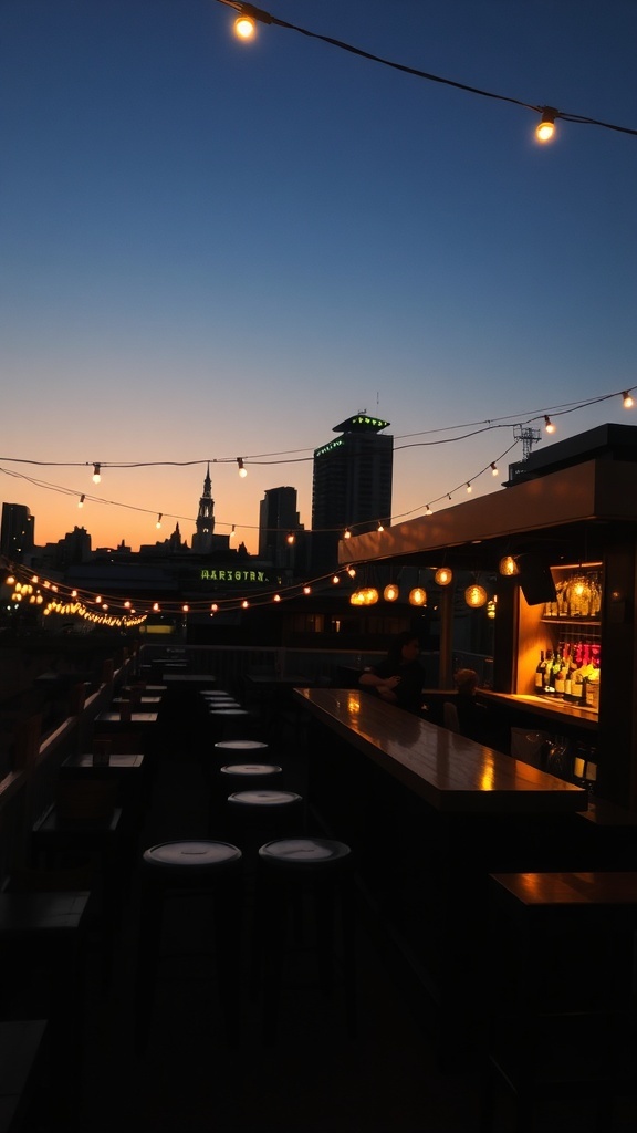 A balcony bar with soft lighting and city views at dusk