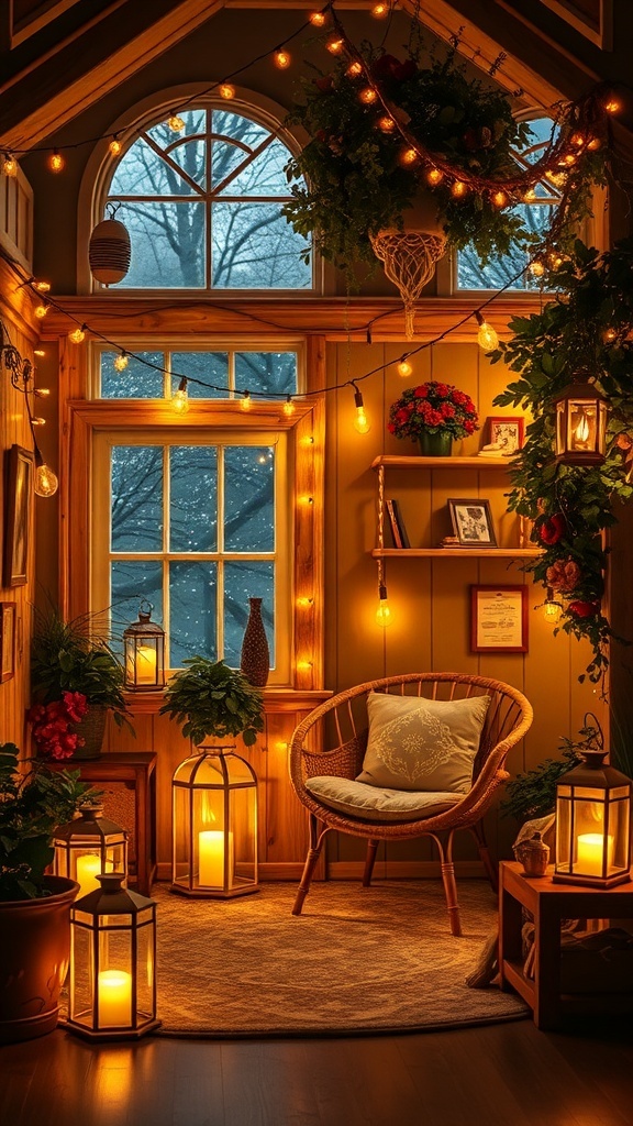 A cozy corner with warm string lights, lanterns, and lush greenery creating a soft lighting effect.