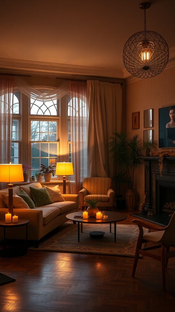 A cozy living room with soft lighting, featuring lamps, candles, and a warm atmosphere.