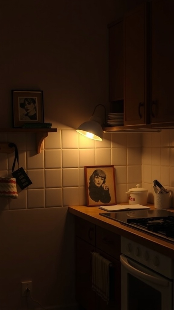 A softly lit kitchen corner featuring a lamp, artwork, and organized utensils.