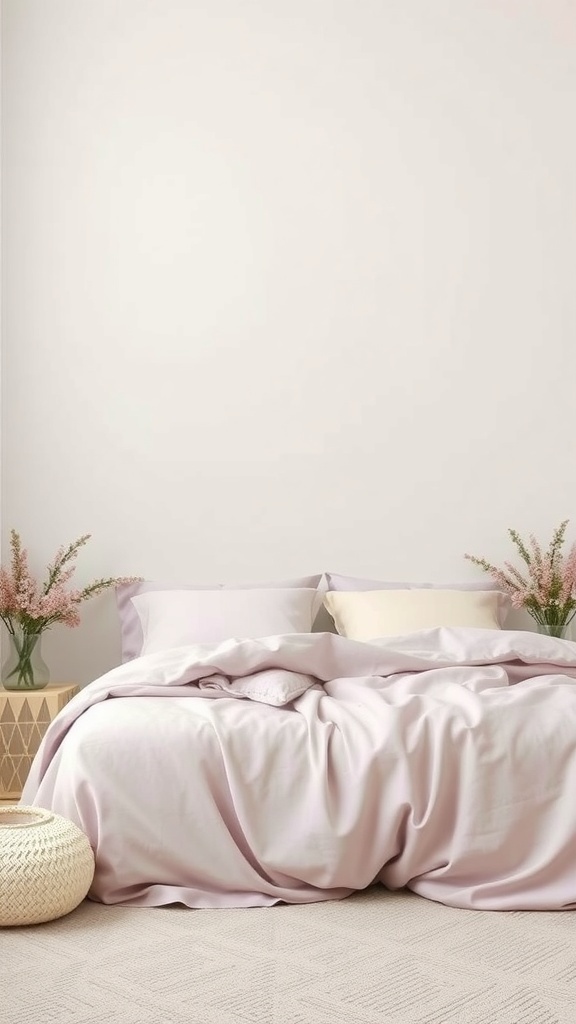 A cozy bed with soft lilac bedding and cream pillows, surrounded by floral accents.