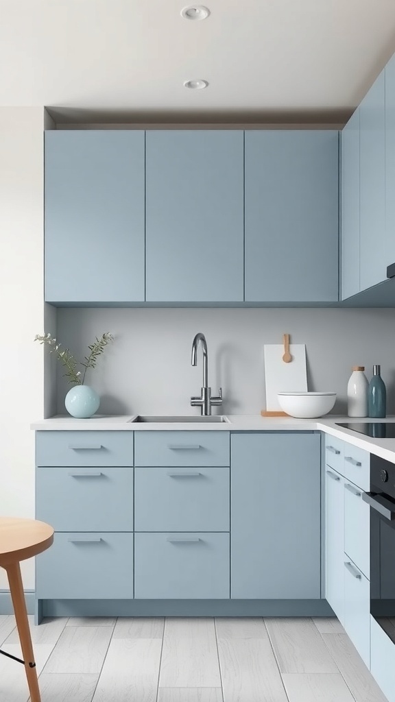 A kitchen featuring soft matte blue cabinetry with warm wood accents and fluted glass doors.