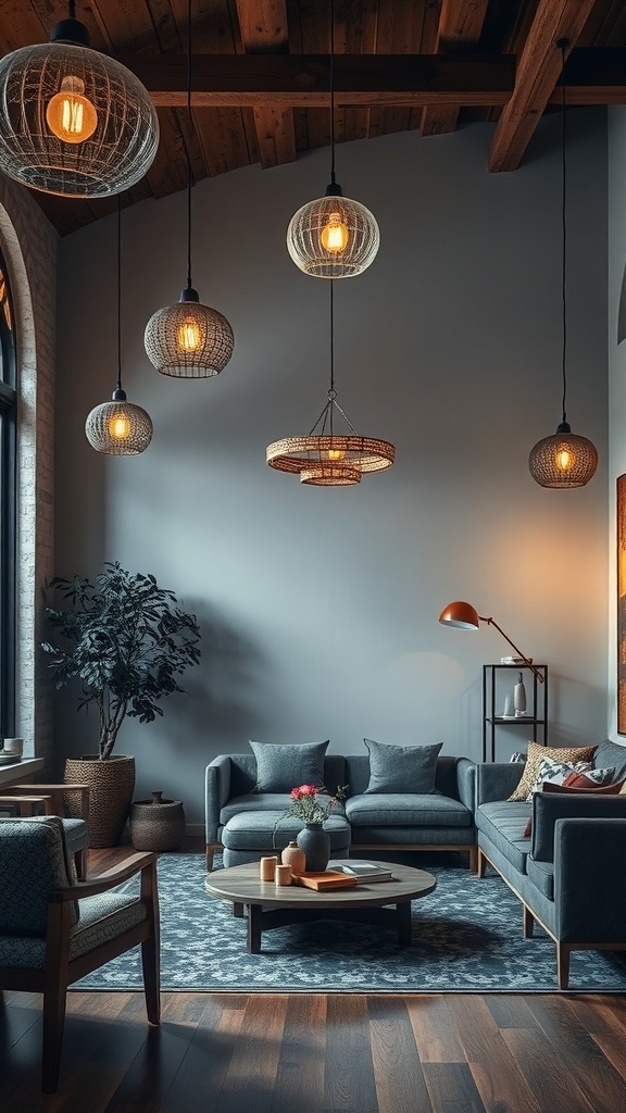 A cozy living room featuring modern furniture, layered lighting, and natural elements.