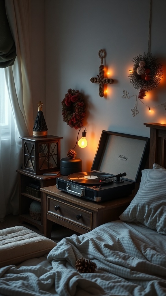 A cozy bedroom with a record player, warm lighting, and festive decorations.