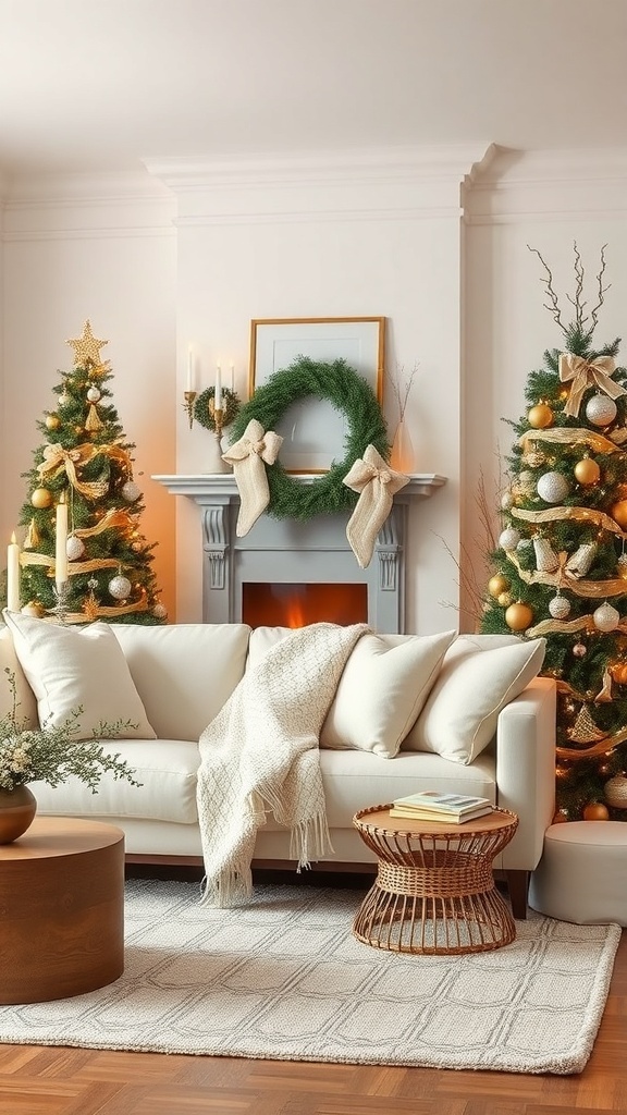 A serene living room decorated for Christmas with two trees, a wreath, and a neutral color palette.