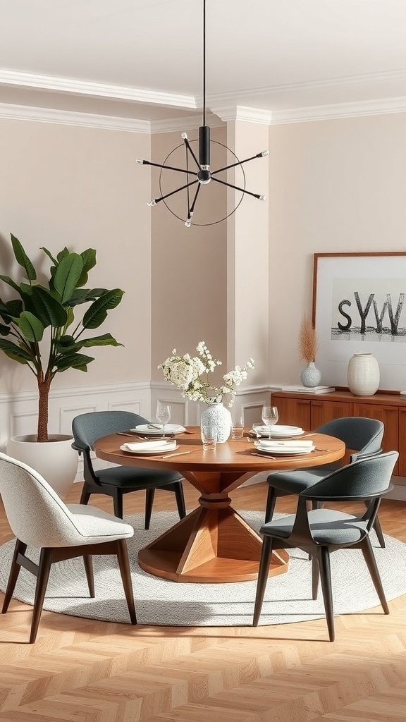 A modern dining room featuring soft neutral tones, velvet dining chairs, a bold marble accent wall, and minimalist pendant lighting.