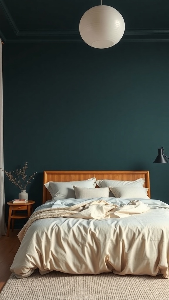 A cozy bedroom featuring dark teal walls, light cream bedding, and warm wood furniture.
