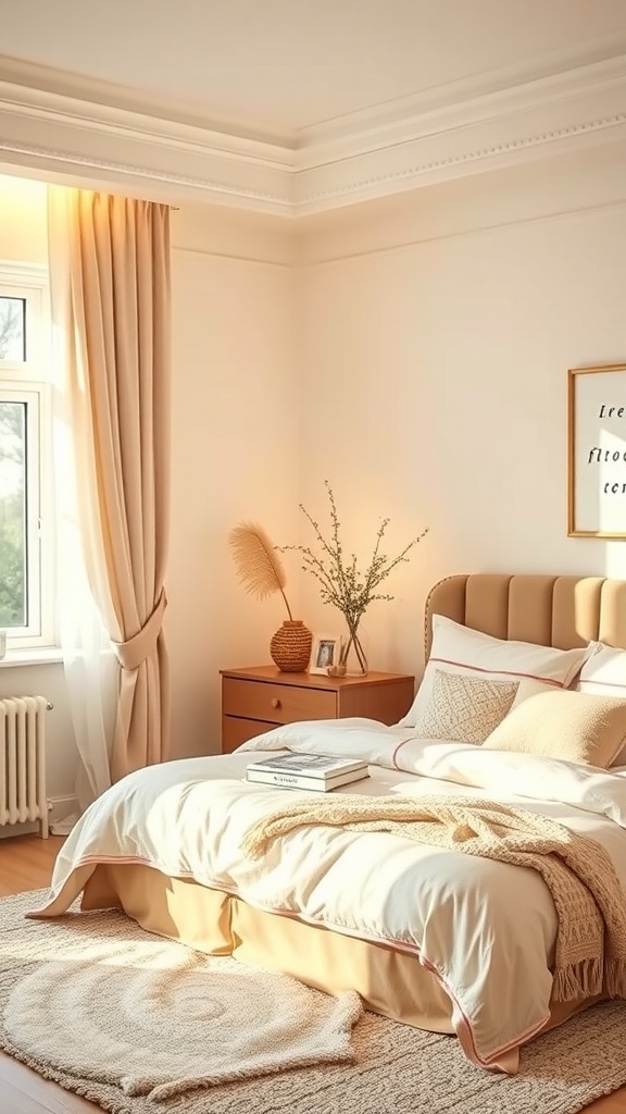 A cozy bedroom featuring soft neutral colors and gold accents, creating a warm and inviting atmosphere for Christmas.