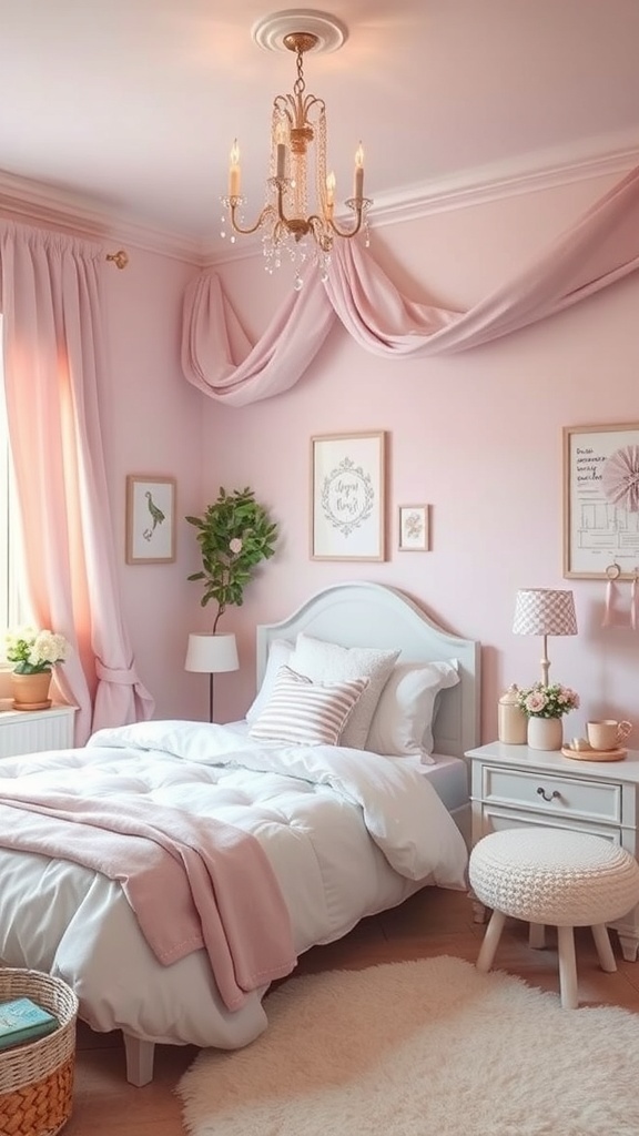 A cozy girl's bedroom featuring a soft pastel color palette with blush pink walls, elegant decor, and plush bedding.
