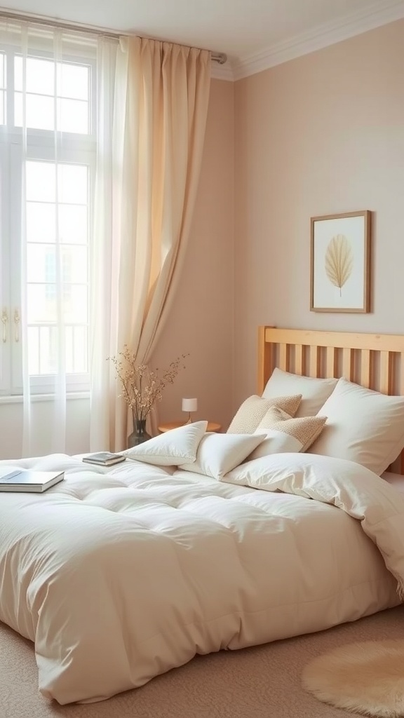 A cozy bedroom with warm neutral hues, featuring soft bedding and natural light.