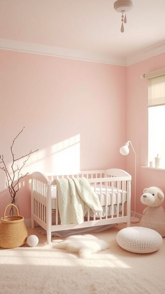 A cozy nursery with soft pastel pink walls, a white crib, and warm textures.