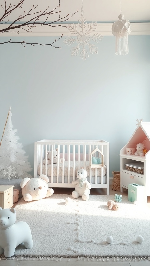 A cozy nursery decorated with soft pastel colors, featuring a crib, plush toys, and winter-themed decorations.