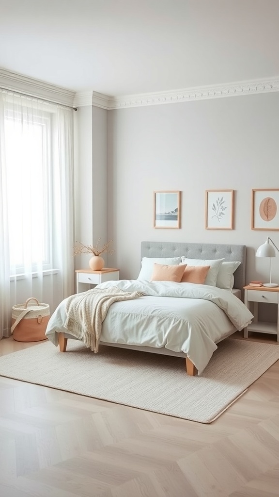 A neutral bedroom featuring soft pastel colors, a cozy bed, and natural light.
