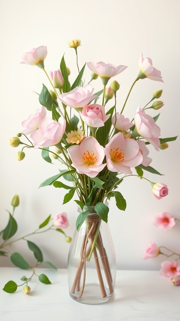 A soft pink and green floral arrangement in a clear vase with pink roses and green leaves.
