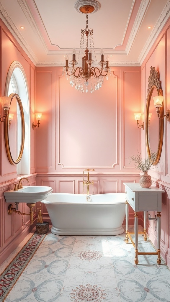 A beautifully designed bathroom featuring soft pink walls, a white bathtub, and gold fixtures.