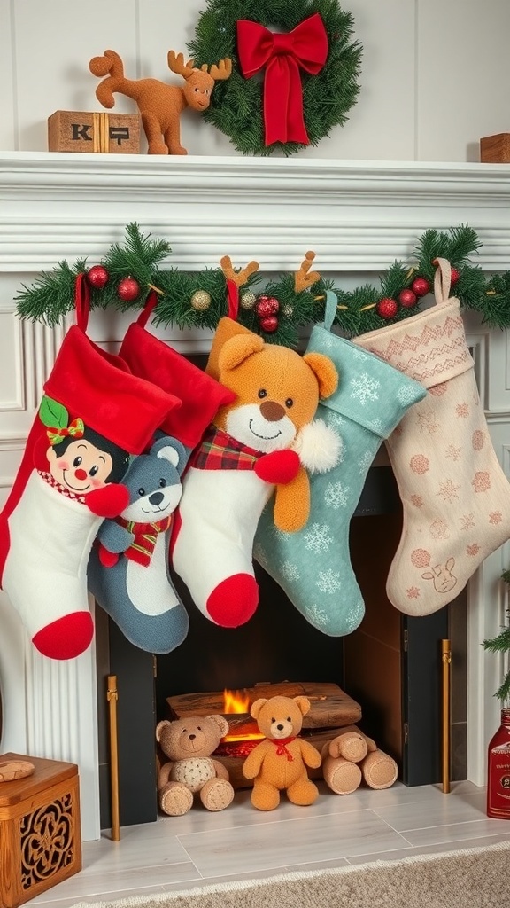 A cozy fireplace decorated with colorful plush stockings featuring cute characters, surrounded by festive garland and a cheerful atmosphere.