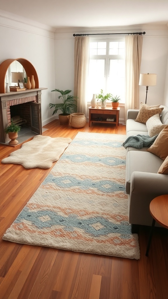 Cozy living room with layered rugs and warm decor