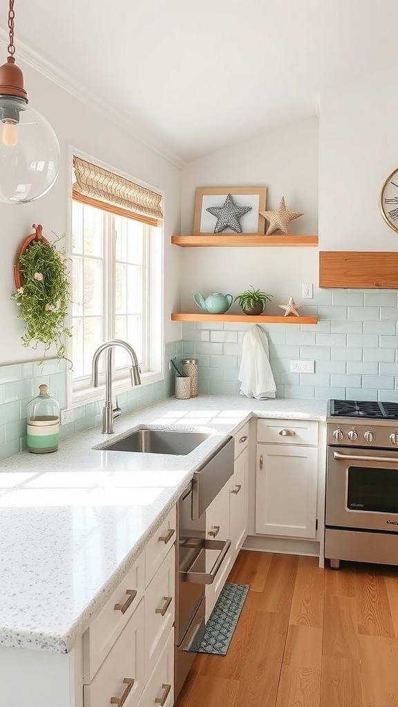 A kitchen featuring Soft Seafoam Speckle recycled glass countertops, white cabinetry, and natural wood accents, creating a bright and airy coastal vibe.