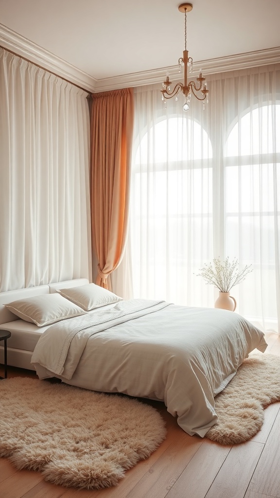 A serene bedroom featuring soft textiles, light bedding, and plush rugs.