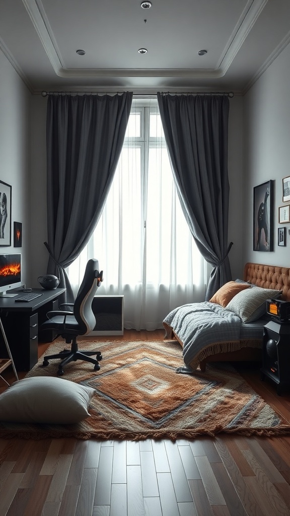 A modern gaming bedroom featuring a cozy rug, plush bedding, and elegant curtains.