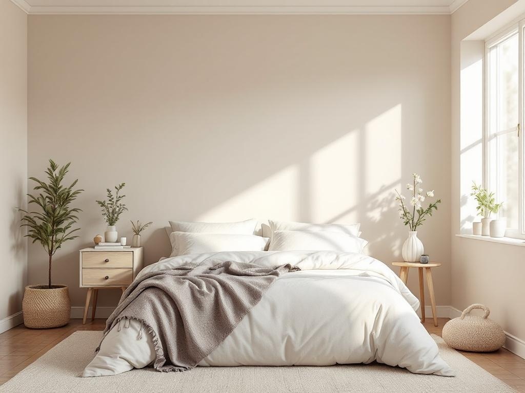 A cozy bedroom with soft beige walls, a white bed, and natural decor elements.