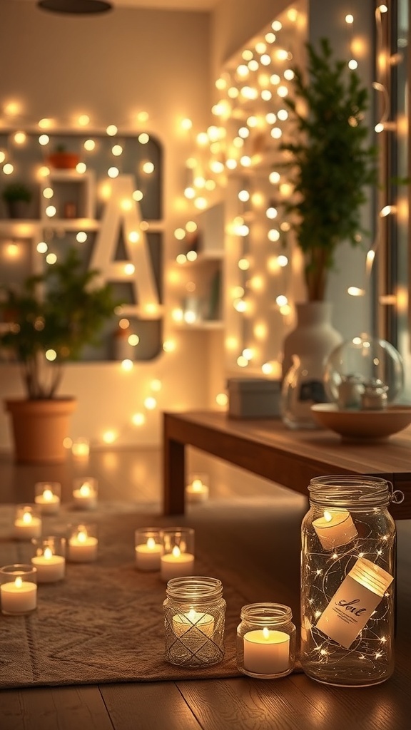A cozy room decorated with soft white lighting, featuring candles and fairy lights.