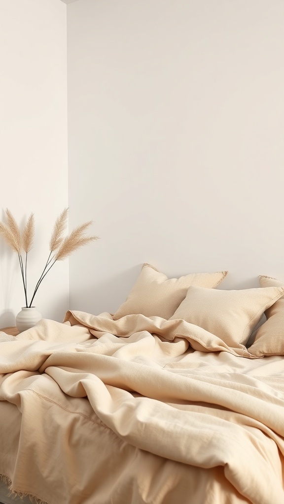 A cozy bedroom featuring soft white walls and layered beige textiles on the bed.