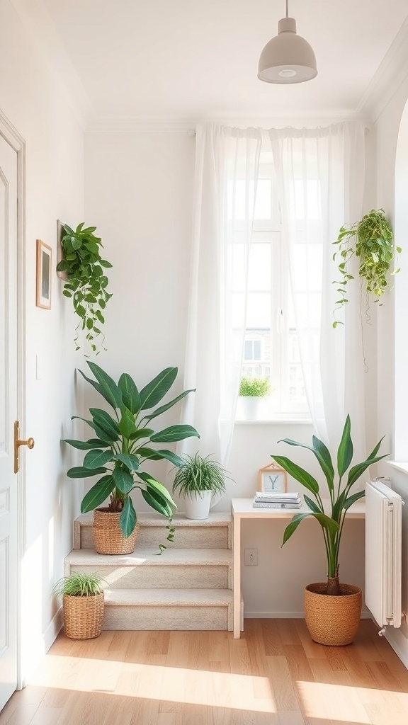 Bright corner of a small apartment with soft white walls and plants.
