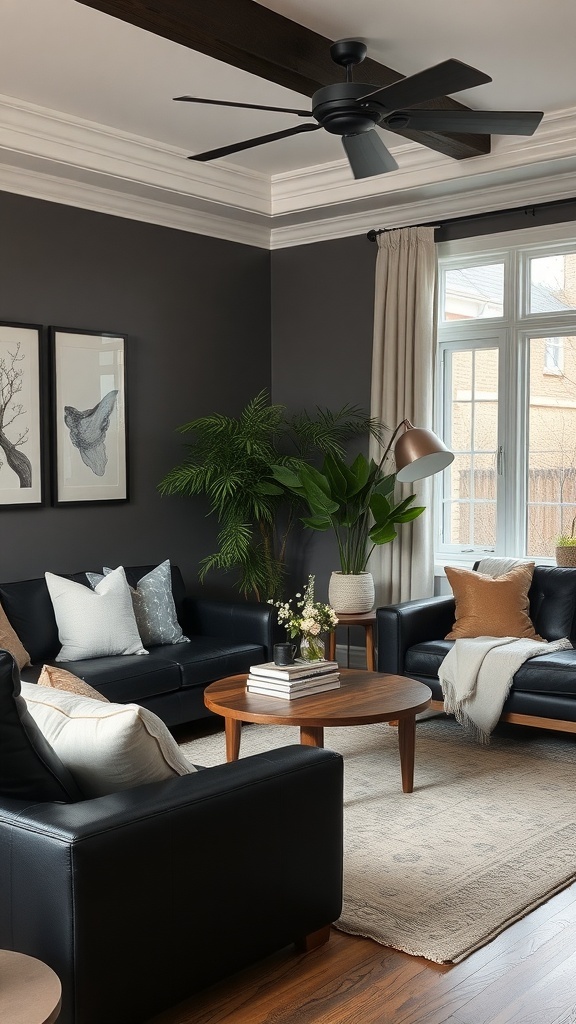 A stylish living room featuring black sofas, neutral pillows, a wooden coffee table, and a potted plant.