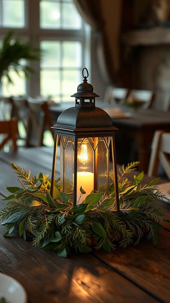 A softly lit lantern surrounded by greenery on a wooden dining table.