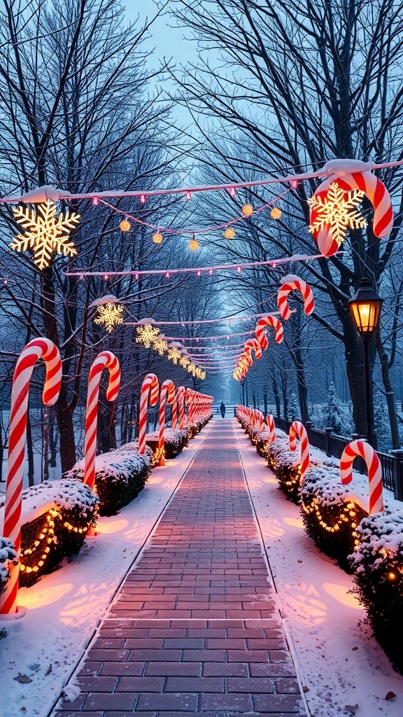 A snowy pathway decorated with solar-powered lights, candy canes, and snowflakes.